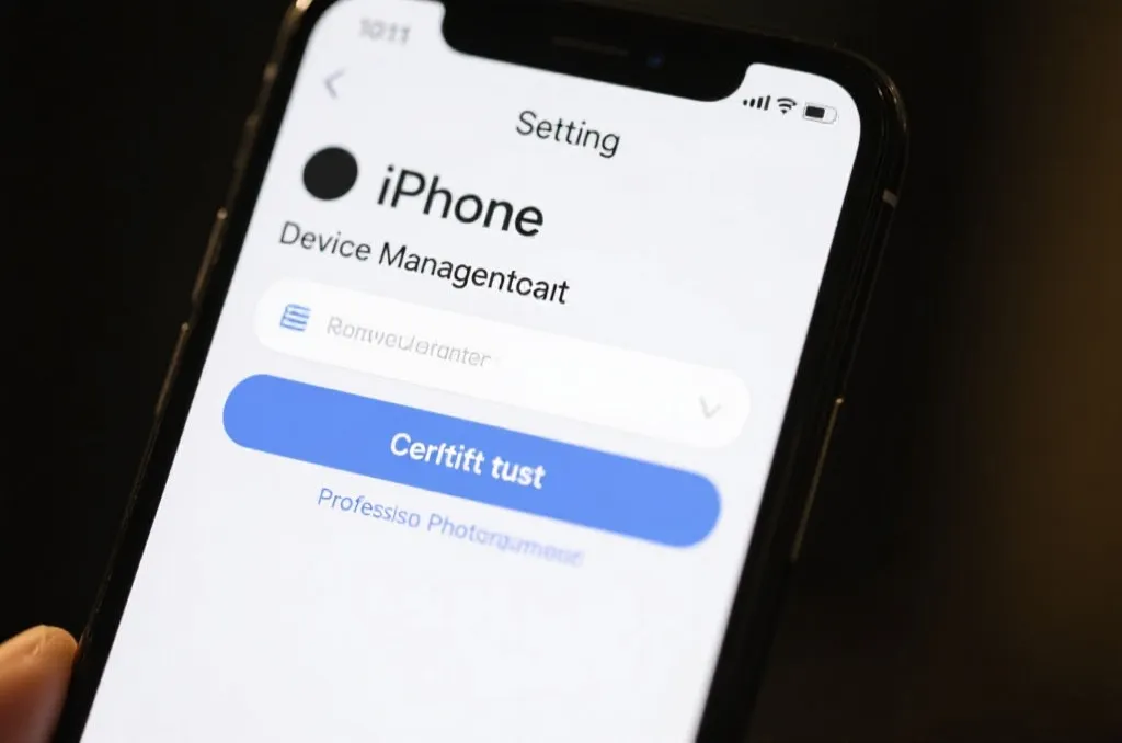 An iPhone settings screen showing device management and certificate trust option, professional photography