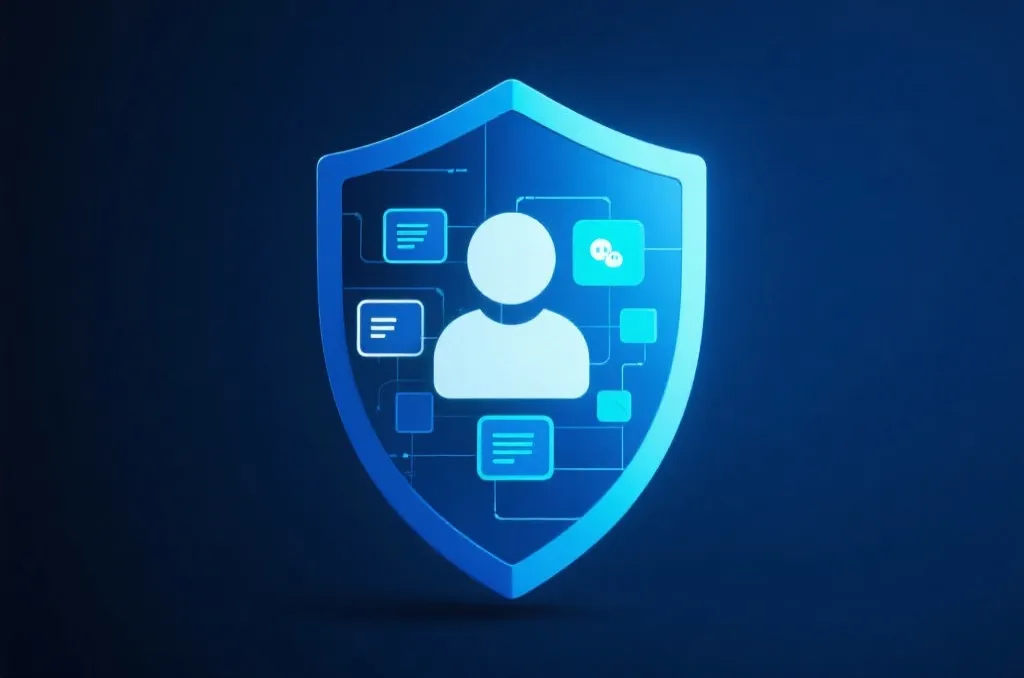 A conceptual digital safety illustration showing a shield protecting user data on a dark blue background, professional cyber security design